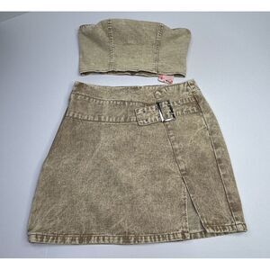 Shein Denim Crop Top + Skirt w/ Belt Accent Women's 6/M Bleached Khaki Color NWT